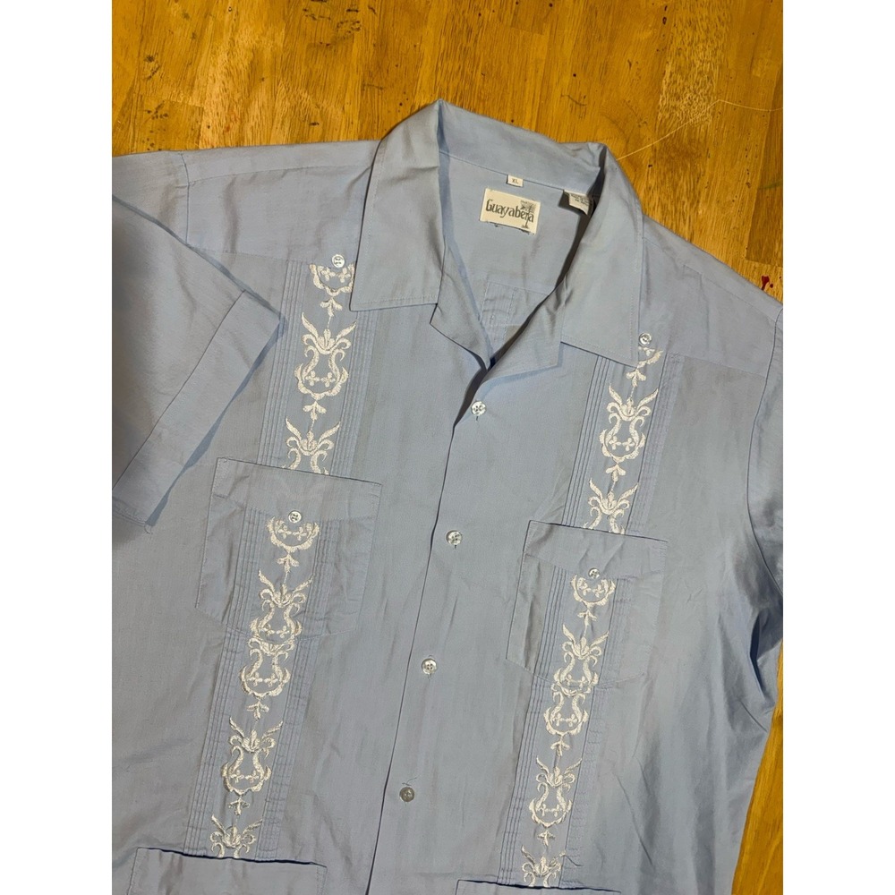 Guayabera Shirt Mens XL Blue Embroidered Cuban Short Sleeve Cotton Blend